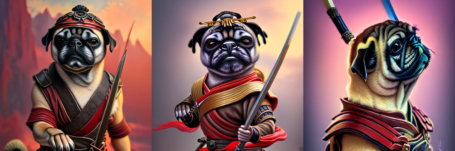 Portrait painting of a cute puggieace dog as a samurai, ultra realistic, concept art, intricate details, eerie, highly detailed, photorealistic, octane render, 8 k, unreal engine. art by artgerm and greg rutkowski and charlie bowater and magali villeneuve and alphonse mucha